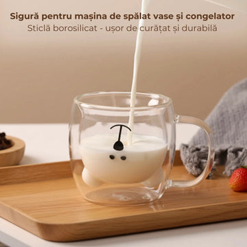 Set 12 Cesti de Cafea Pereti Dubli Sticla Termorezistenta Model Ursulet 260 ml Coffe