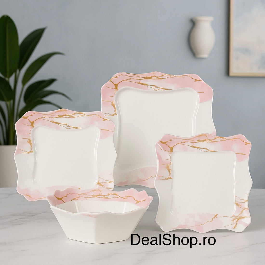 Serviciu de masa Lacy Pink 19 Piese opal Termorezistent Farfurii Pătrate pentru 6 Persoane