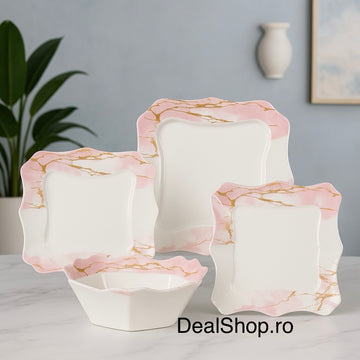 Serviciu de masa Lacy Pink 19 Piese opal Termorezistent Farfurii Pătrate pentru 6 Persoane