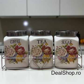 SET 3 RECIPIENTE CONDIMENTE CERAMICA CU CAPAC INOX SI SUPORT METALIC