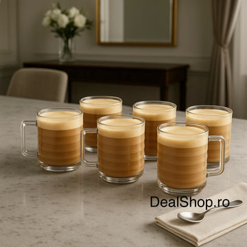 Set 6 Cești din Sticlă Bricks 320 ml, Rezistente, Elegante, Ideal pentru Cafea și