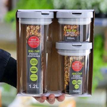 Set 3  borcane recipiente cutii rotunde pt alimente cu capac etans 350 ml, 700, ml  1.2 litri Plastic Transparent