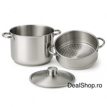 Oală 8 litri Inox pentru aburi, 24 cm, capac inox, inserție detasabilă, compatibilă inducție