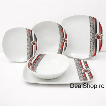 Serviciu de Masă Porțelan Elegant Line, 20 Piese pentru 6 Persoane, Farfurii Pătrate, Design Modern Roșu-Negru TL173-2