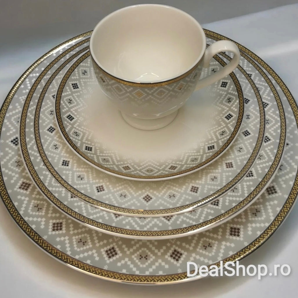 Serviciu 12 persoane de masă porțelan 60 piese Alb cu Auriu Rawi 106 Eleganta și rafinament CADOUL PERFECT