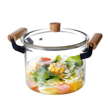 Oala Sticla Borosilicată 4.5 litri cu capac și manere din lemn – Rezistenta la Temperatura 20 x 16 cm