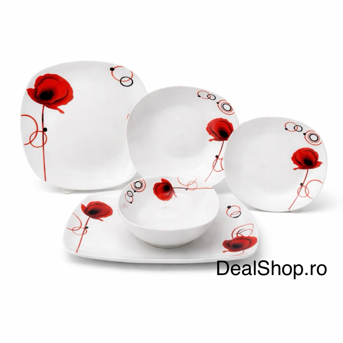 Serviciu de Masă Porțelan Elegant Maci, 20 Piese pentru 6 Persoane, Farfurii Pătrate cu flori roșii TL 173-1