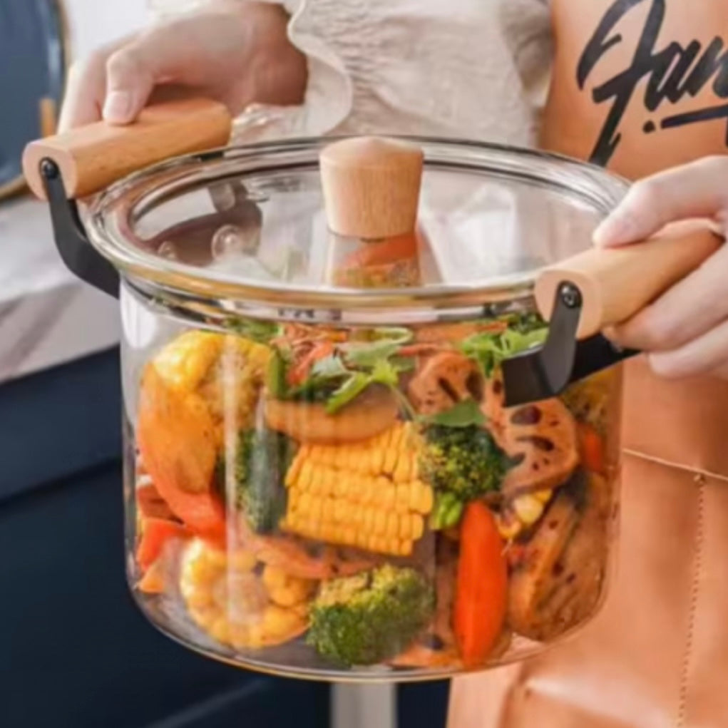 Oală din Sticla Borosilicată 4.5 litri cu capac și manere din lemn – Rezistenta la Temperatura 20 x 16 cm