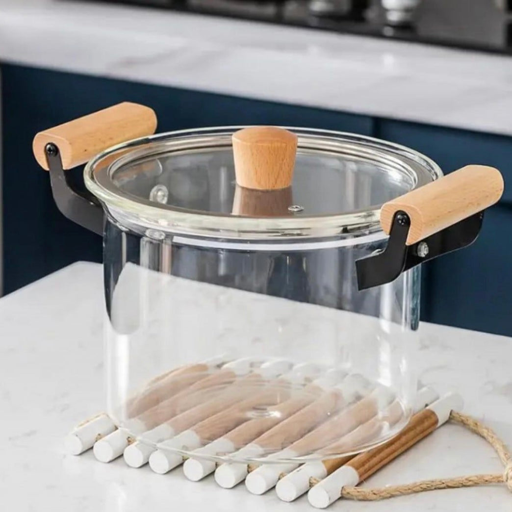 Oală din Sticla Borosilicată 4.5 litri cu capac și manere din lemn – Rezistenta la Temperatura 20 x 16 cm