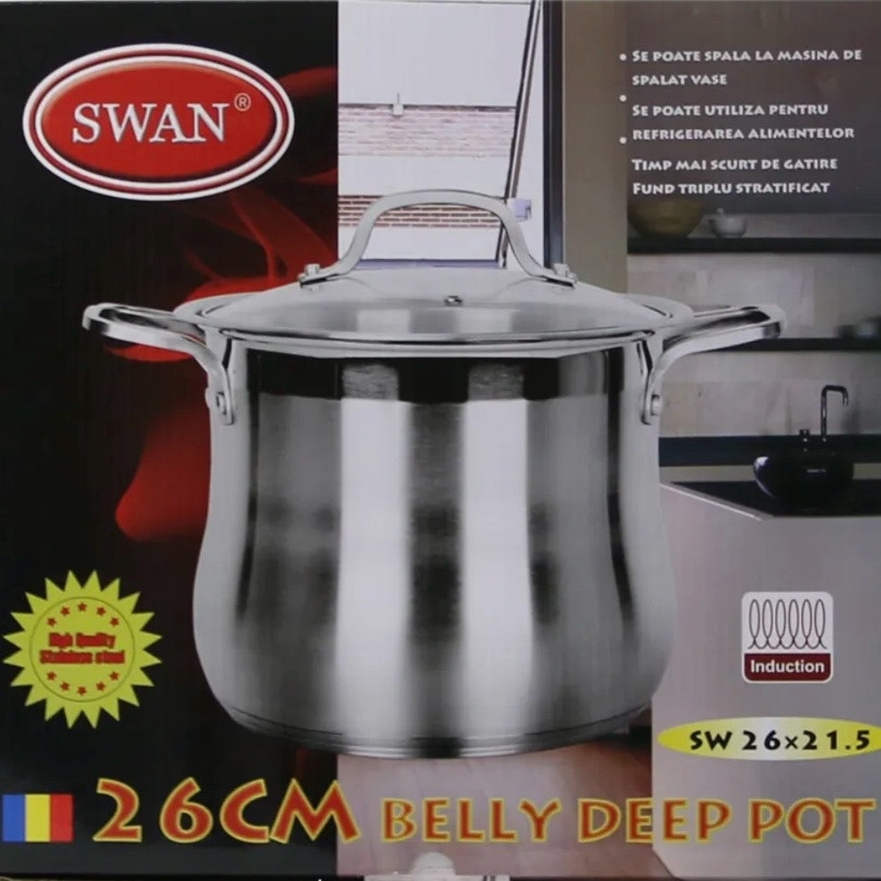 Oala inox, fund triplu, capac din sticlă , Swan-Belly, cantitate oala 5 litri ,26 x 21,5 cm