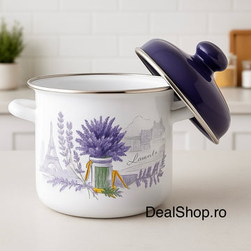 Oală emailată cu capac model Lavender, 24 cm, 8,2 litri rezistenta și eleganta pentru gătit