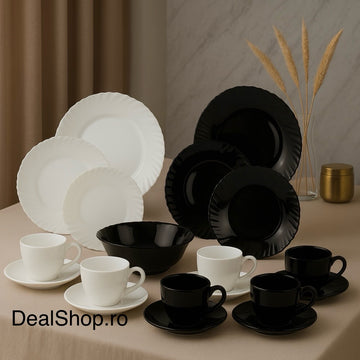 Set complet serviciu de masa și cafea din opal termorezistent 31 piese alb & negru