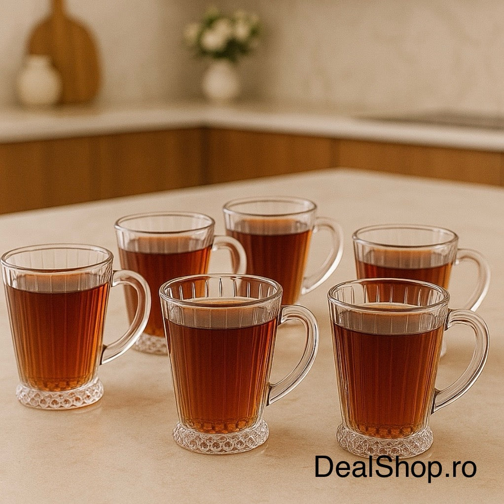 Set 6 cești din sticlă Max Mug 220 ml – cești cafea și ceai cu Bază Diamantată, Model Elegant