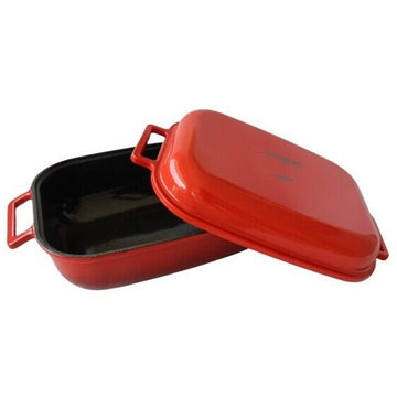 Oala din fonta emailata cu capac dublu Hausberg HB-H758, capacitate 4L, diametru 25x33 cm, adancime 10 cm, interior antiaderent, Rosu