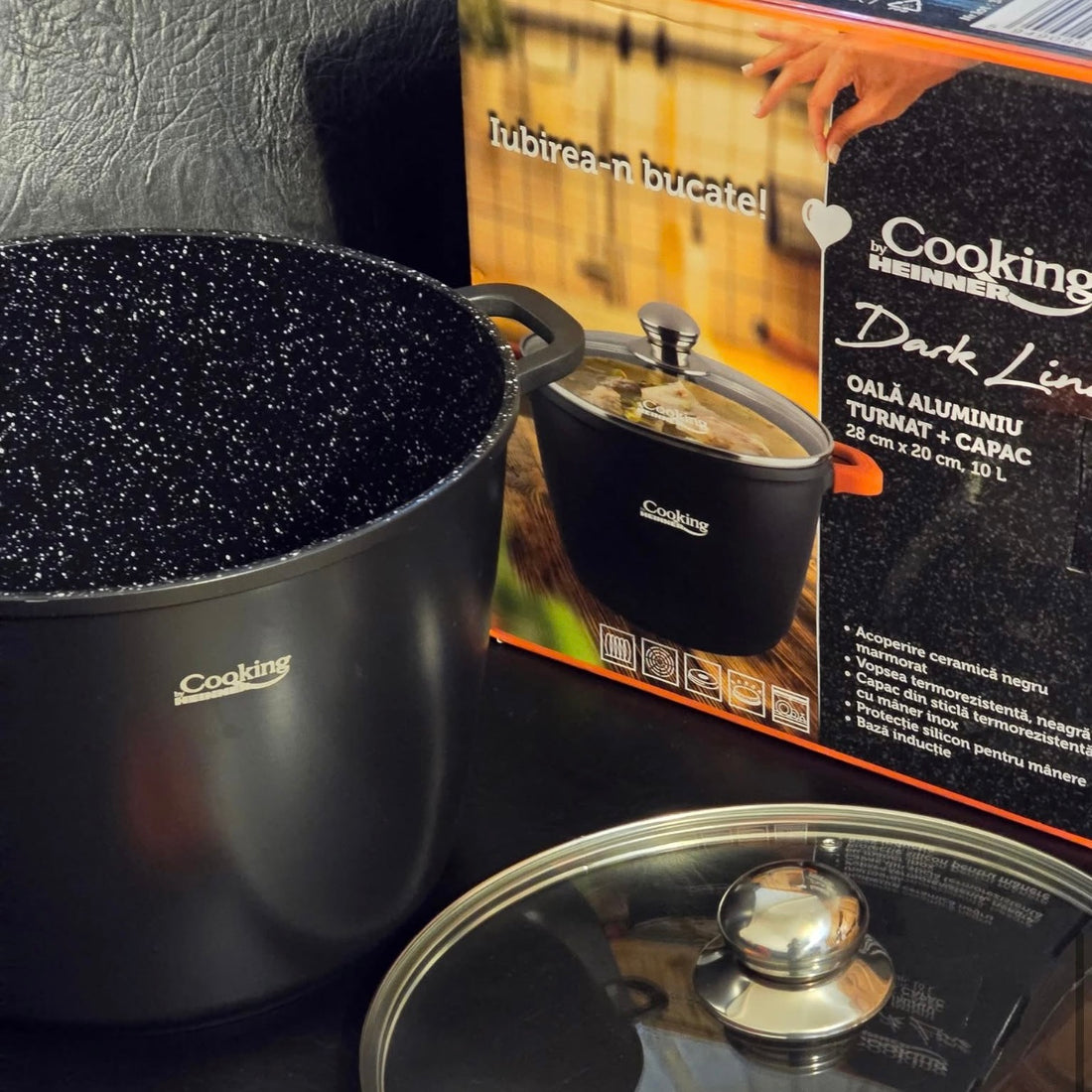 Oala 10 litri invelis de marmura capac de sticla Cooking oala ciorba sarmale GATESTE SANATOS Cadoul perfect