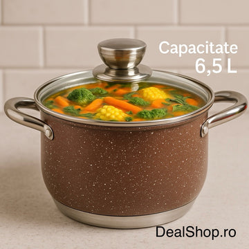 Cratiță Premium Royalty Line Brown 6,5 L – Inox cu fund multistrat și capac din sticlă, gătit rapid, elegant și sănătos