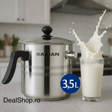 Oală pentru Fiert Lapte Arian 3.5 litri Inox fluier, perete Dublu, Capac Inclus maner termorezistent