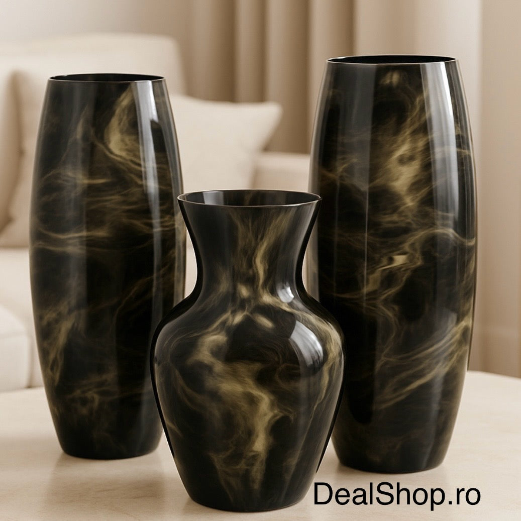 Set 3 vaze decorative din sticlă – Model negru cu efect auriu Marbled, elegante pentru flori și decor interior