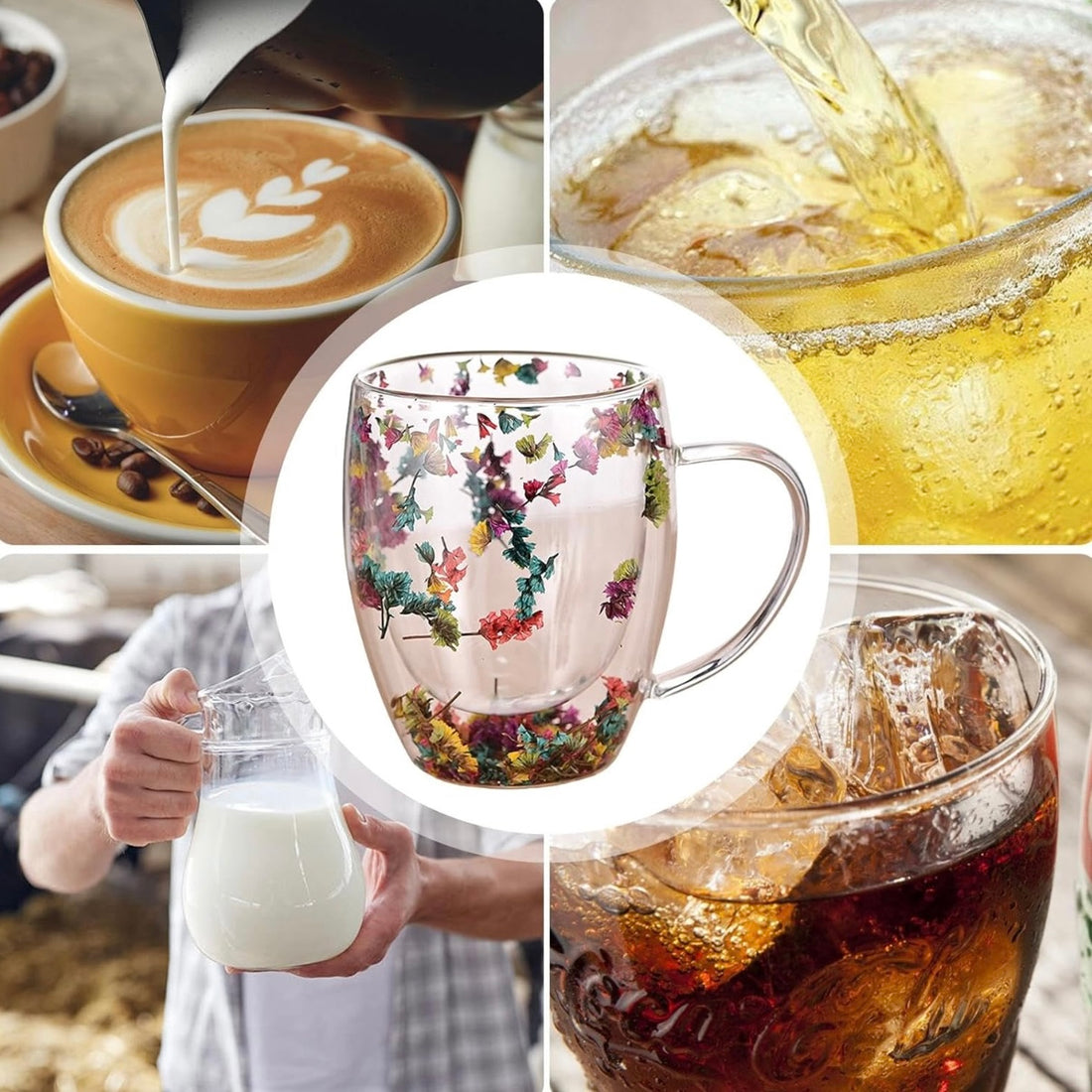 Set 6 Cești Cafea din Sticlă Termorezistentă cu Pereți Dubli și Model Flori Uscate Roz, 250 ml