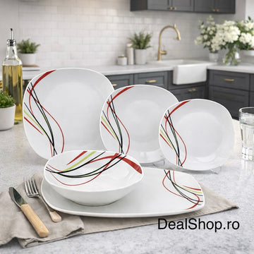 Serviciu de Masă din Porțelan Modern, 20 Piese, pentru 6 Persoane, Alb cu Decor Linii – TL-173-3