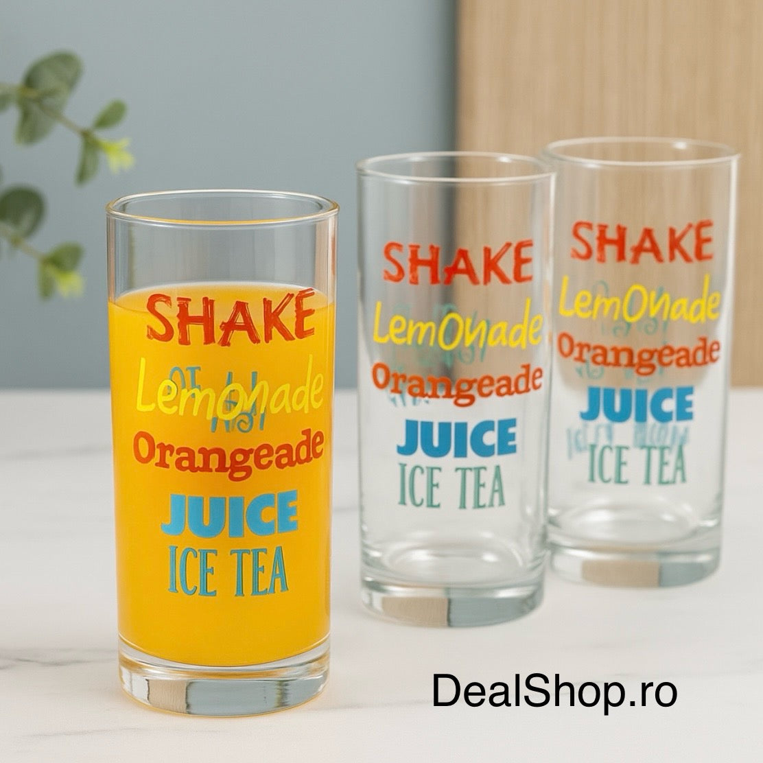 Set 12 pahare din sticla 270 ml  design colorat pentru băuturi răcoritoare