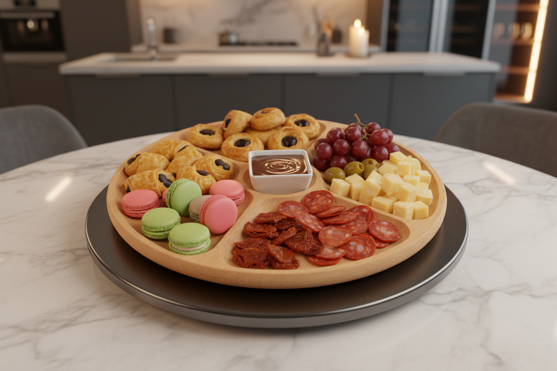 Platou rotativ din lemn de fag 33 cm, cu picioare antiderapante, finisaj brut