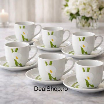 Set 6 cești cafea din porțelan 180 ml cu farfurii Calla Grace, design floral elegant