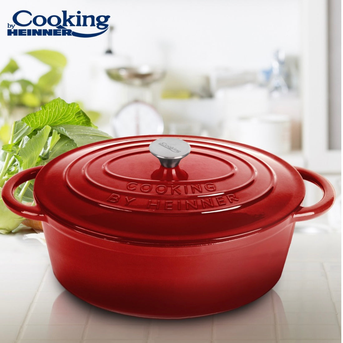 Oală ovală fontă emailată 6L cu capac Cooking by Heinner Red Line – 33.5×26×12 cm vas profesional gătit la cuptor & plită