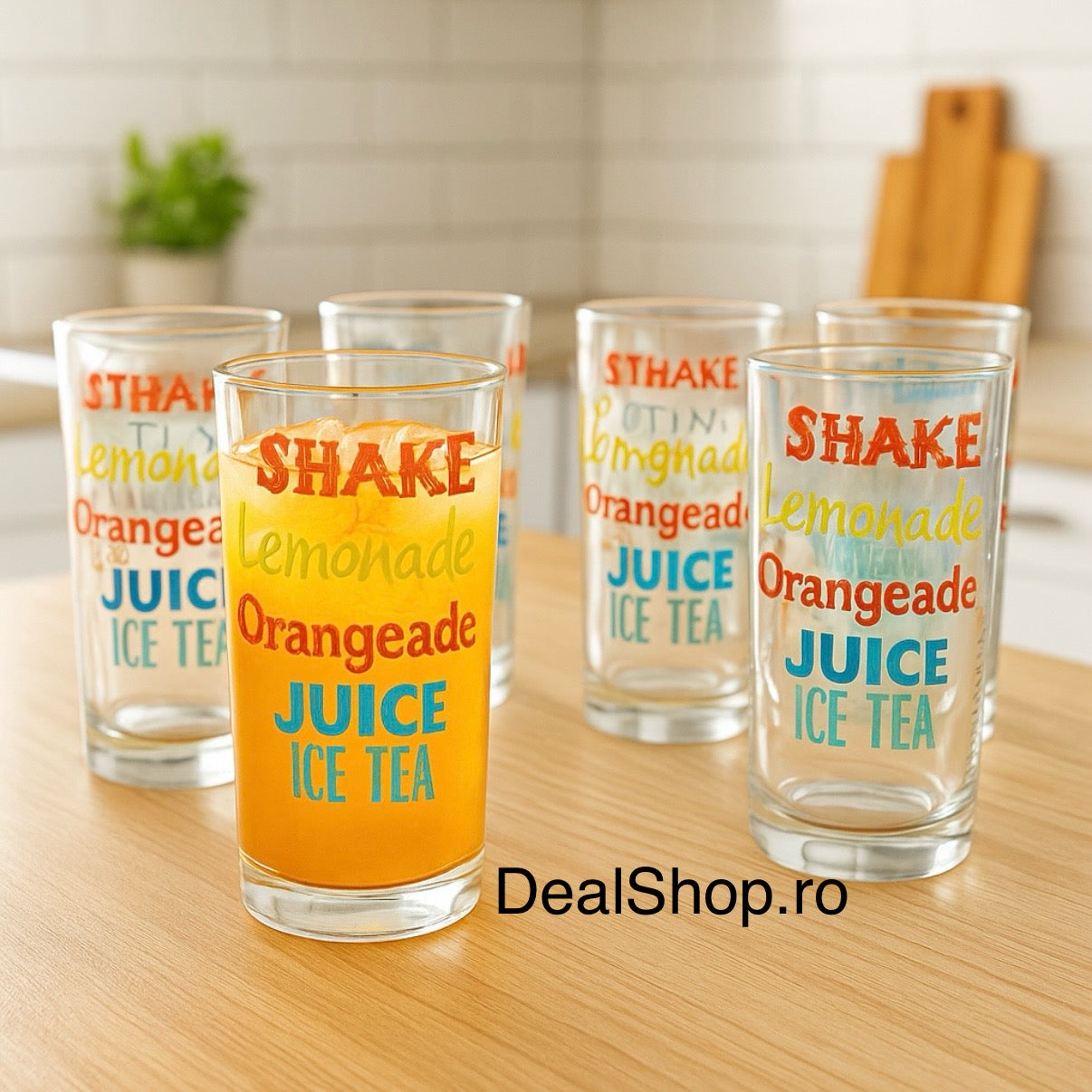 Set 12 pahare din sticla 270 ml  design colorat pentru băuturi răcoritoare
