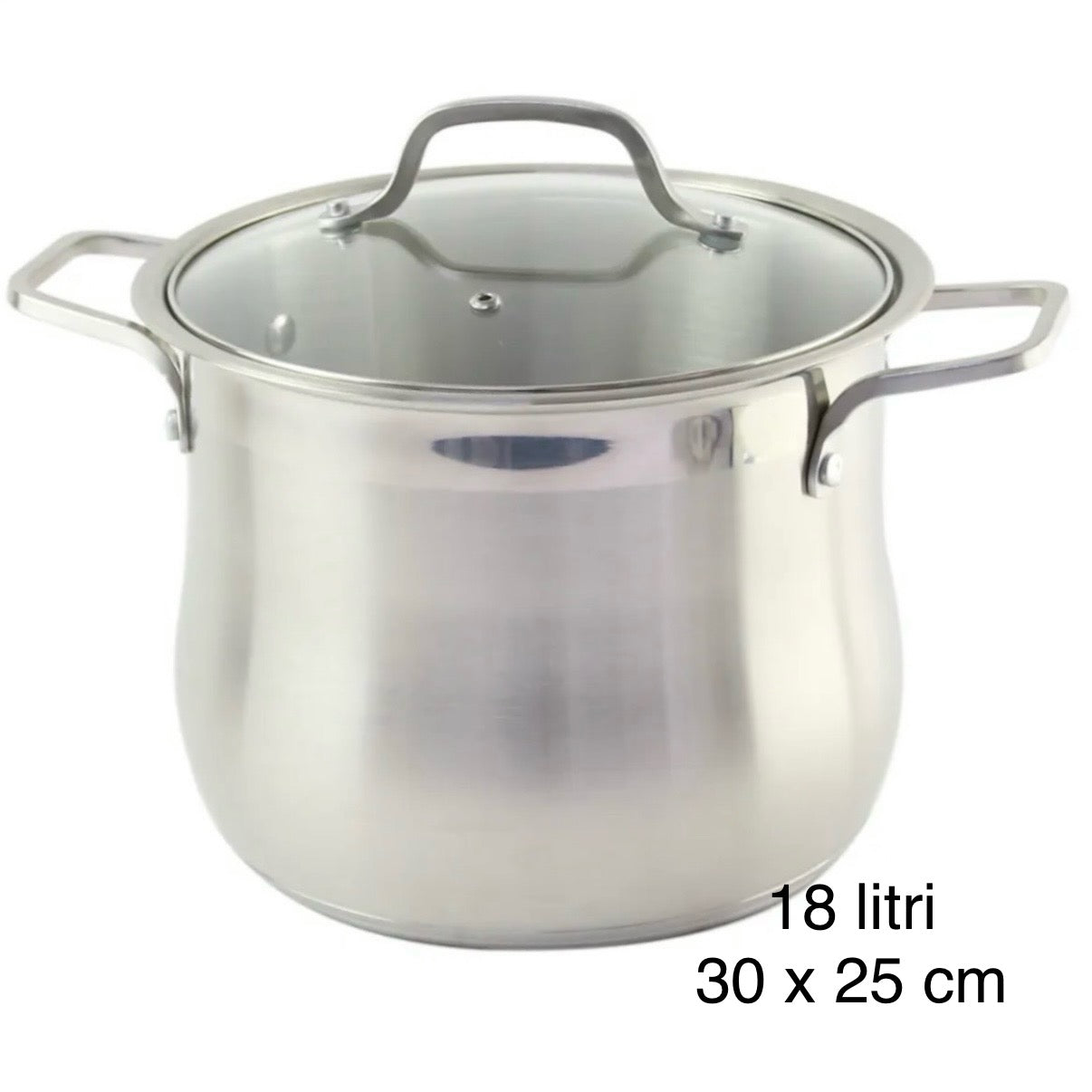 Oala inox, fund triplu, capac din sticla, Swan-Belly, cantitate oala 18 litri, 30 x 25 cm