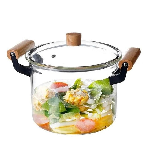 Cratiță cu Capac din Sticla Borsilicată, Manere din Lemn, Termorezistenta, 3.5 Litri