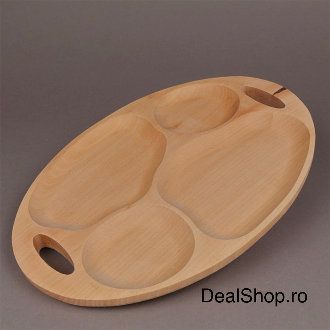 Platou servire din lemn compartimentat 4 secțiuni, cu mânere 42x29 cm, tavă aperitive brânzeturi mezeluri gustări