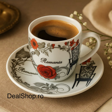 Set 6 cești cu 6 farfurii din porțelan cafea ceai 120 ml model floral
