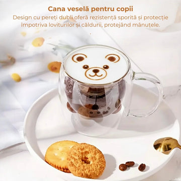 Set 4 cesti cafea pereti dubli sticla termorezistenta Coffe Model Ursulet 260 ml coffe tea