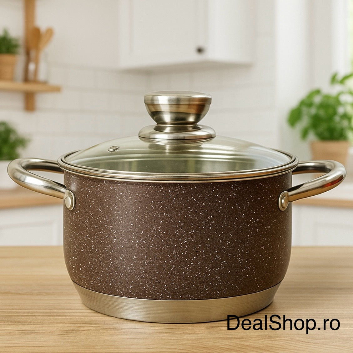 Cratiță Premium Royalty Line Brown 3.9 L – Inox cu fund multistrat și capac din sticla gătit rapid, elegant și sănătos