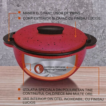Caserolă termică 3.35L cu capac, menține cald/rece 4–7 ore BPA Free recipient servire mâncare – roșu/negru