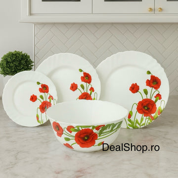 Serviciu de masa din opal 19 piese, termorezistent, model flori roșii  pentru 6 persoane Nara