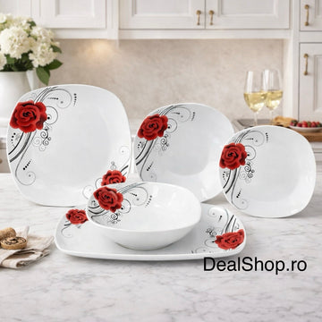 Serviciu de Masă Porțelan Elegant Line Floral 20 Piese pentru 6 Persoane, Farfurii Pătrate cu flori roșii TL 173-4