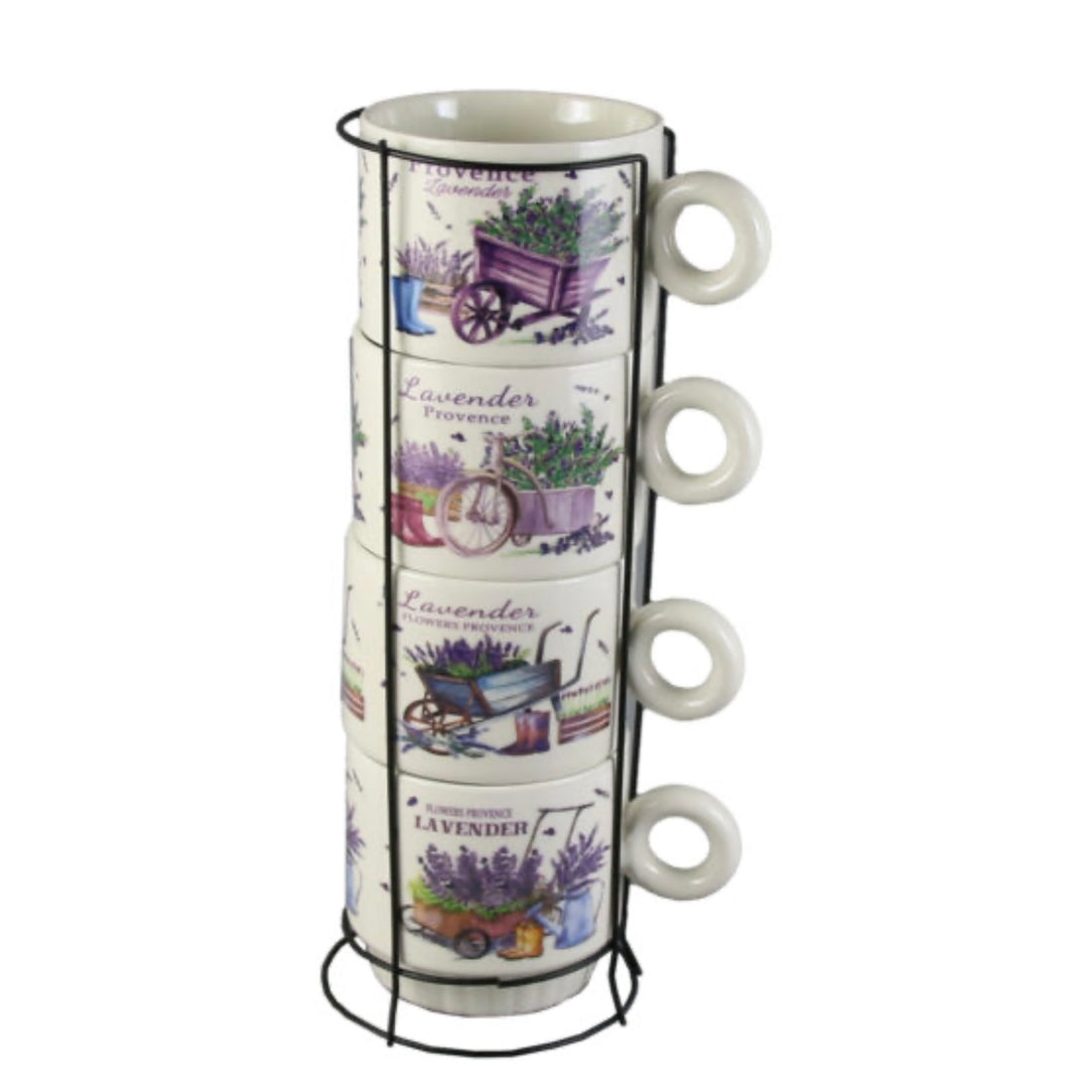 Set 4 cesti din ceramica cu suport metalic Lavender 250 ml