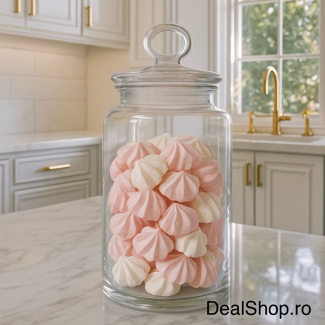 Borcan din sticlă cu capac, 1500 ml – design elegant, ideal pentru depozitare biscuiți, bezele, bomboane sau ingrediente de bucătărie