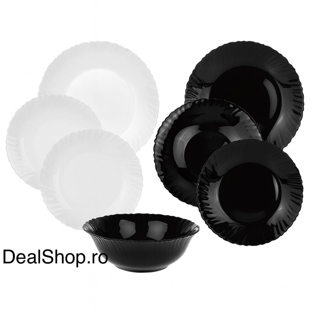 Serviciu de masa termorezistent opal 19 piese, farfurii rotunde alb si negru Pukka