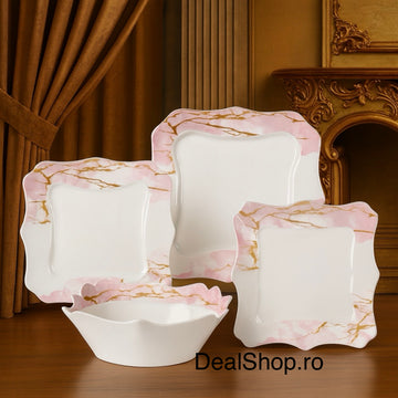 Serviciu de masa Lacy Pink 19 Piese opal Termorezistent Farfurii Pătrate pentru 6 Persoane