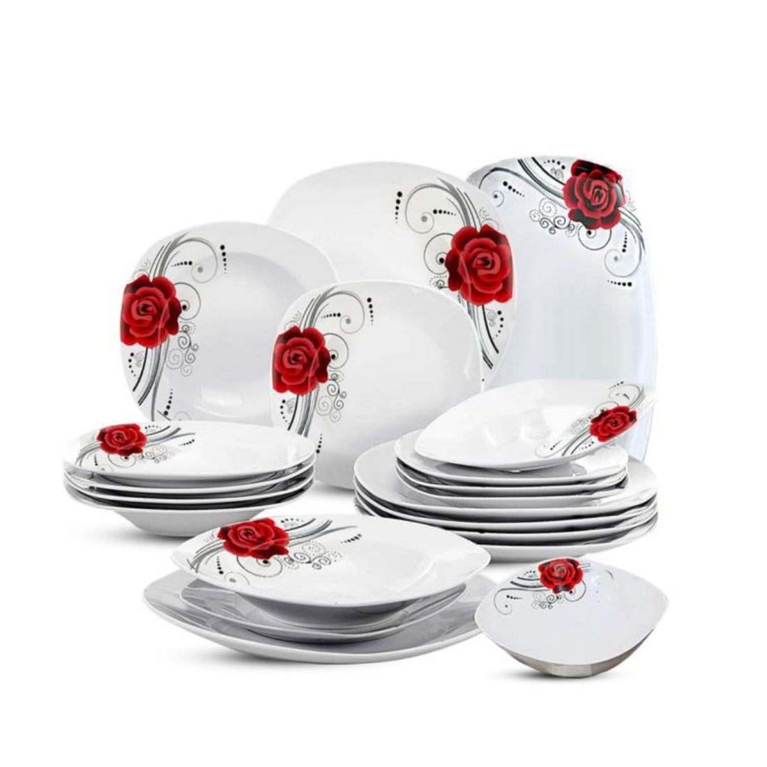 Serviciu de Masă Porțelan Elegant Line Floral, 20 Piese pentru 6 Persoane, Farfurii Pătrate cu Trandafiri TL173-1