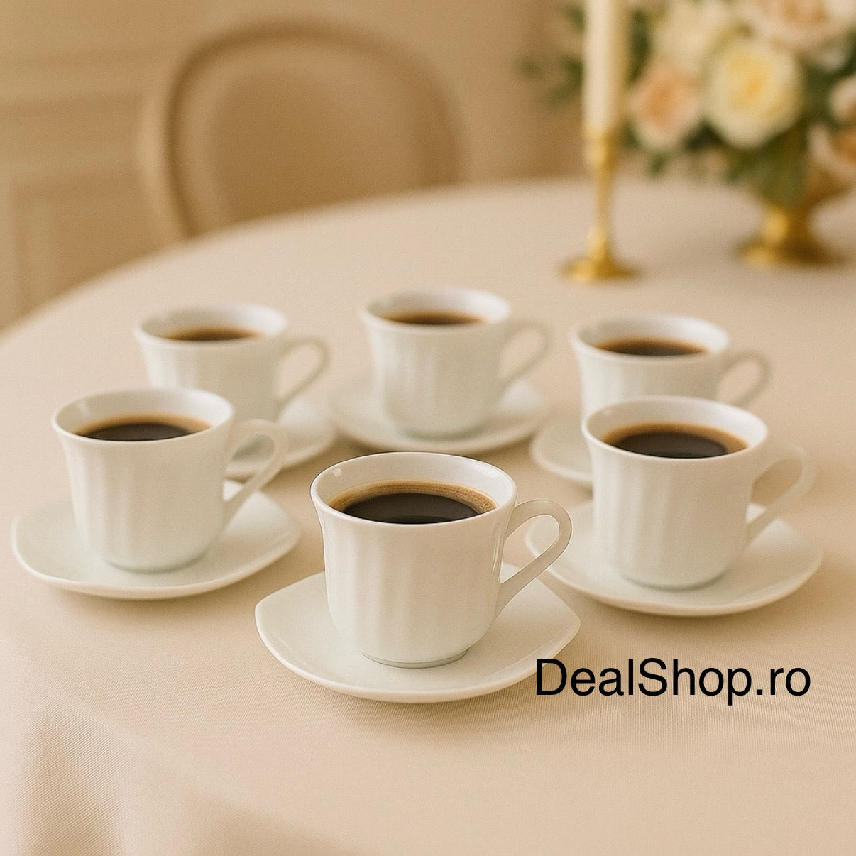 Set 6 cești cafea sau ceai cu farfurii din opal termorezistent 190 ml, model Frunză