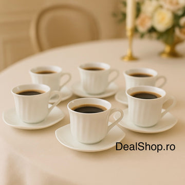 Set 6 cești cafea sau ceai cu farfurii din opal termorezistent 190 ml, model Frunză