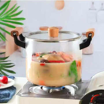 Oala 5. 5 litri cu capac din sticla Borsilicata manere din lemn Termorezistentă