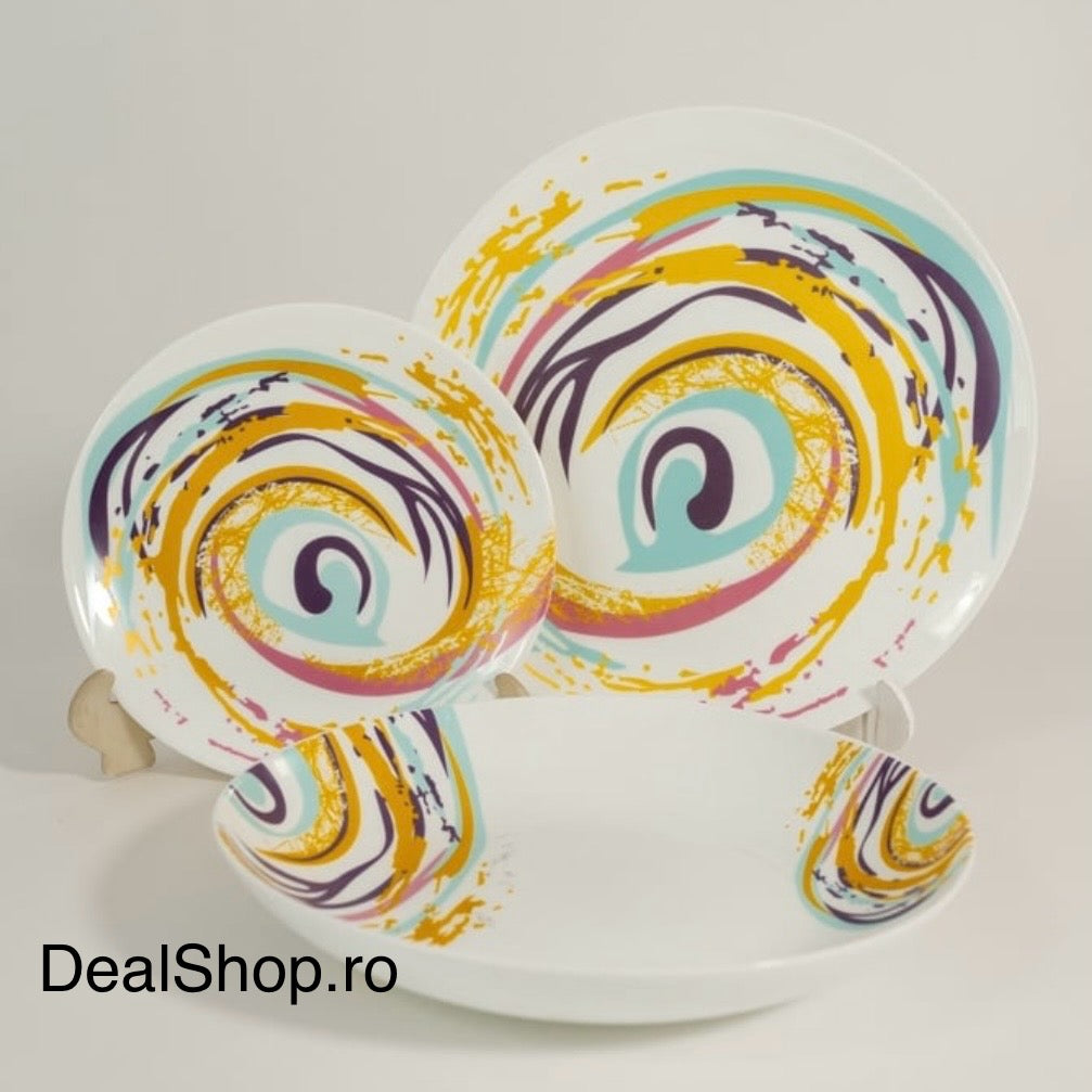 Serviciu de masa opal Spiral, 24 piese farfurii și cesti cu design modern colorat