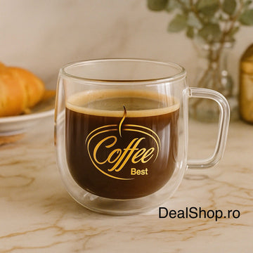 Set 6 Cești din Sticlă Termorezinstentă cu Pereți Dubli, 250 ml – Model Coffee Best, Design Elegant și Rezistent la Temperatură