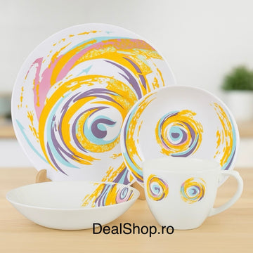 Serviciu de masa opal Spiral, 24 piese farfurii și cesti cu design modern colorat