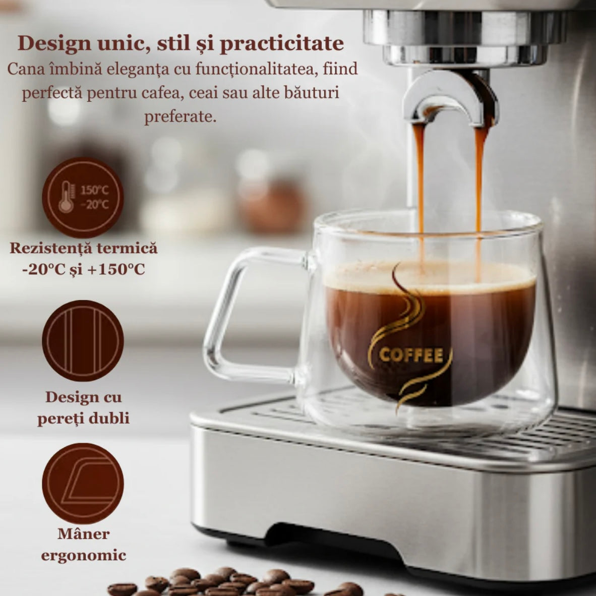 Set 6 cesti cafea cu pereti dubli sticla termorezistenta 200 ml Mesaj COFFEE CADOUL PERFECT Malooki terasa piscina